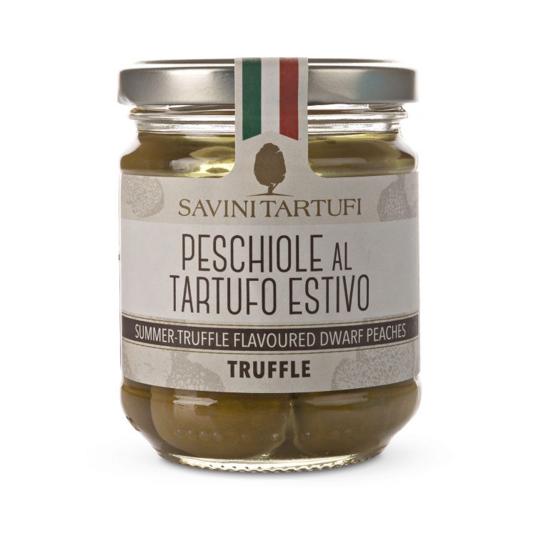 Peschiole Al Tartufo Estivo Valsana Peschiole (piccole pesche) 53%, olio di girasole, sale, aroma, aceto di vino, zucchero, tartufo estivo essiccato (tuber aestivum vitt.) 0,1%. valsana