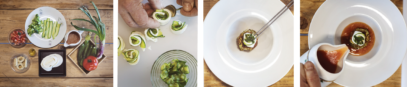 Rollo de mozzarella, calabacines y sus flores, agua de tomate y taralli_Valsana
