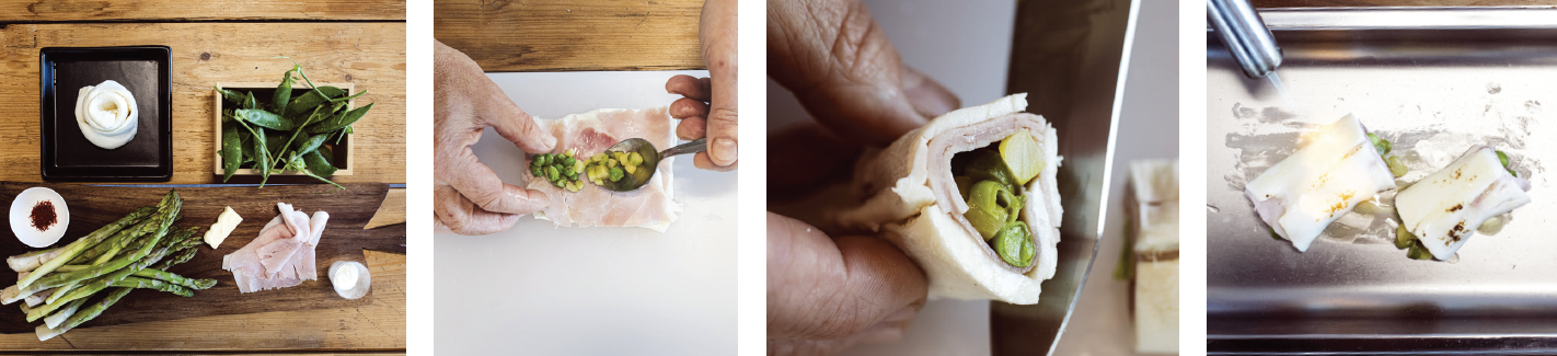 canelones con mozzarella, jamon, esparragos y guisantes_valsana