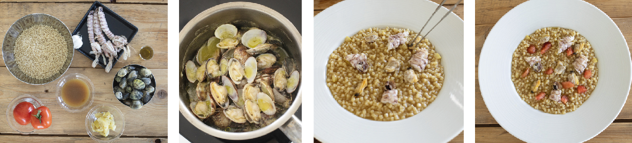 Fregola sarda con cannocchie, limone fermentato e vongole veraci