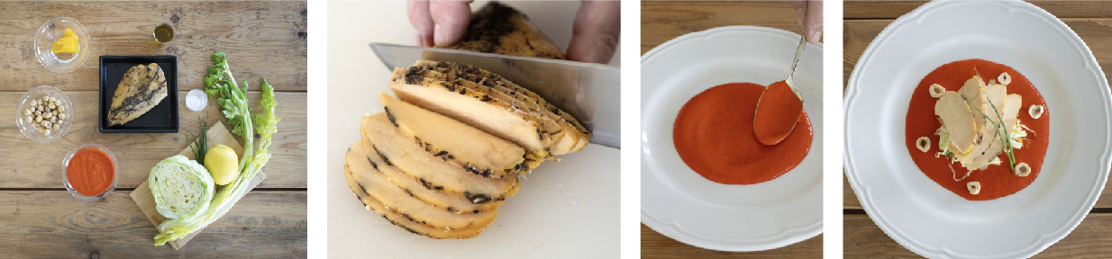 Petto di pollo affumicato, limone, nocciole e crema di peperoni dolci