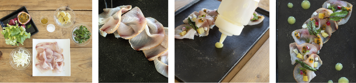 Pesce spada affumicato, gel di limone fermentato e maracuja