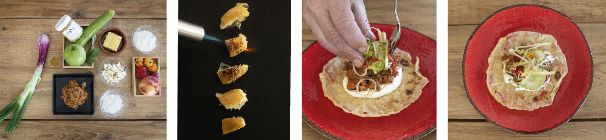 Tacos di mais, pulled porck, limone fermentato affumicato e maionese allo yogurt